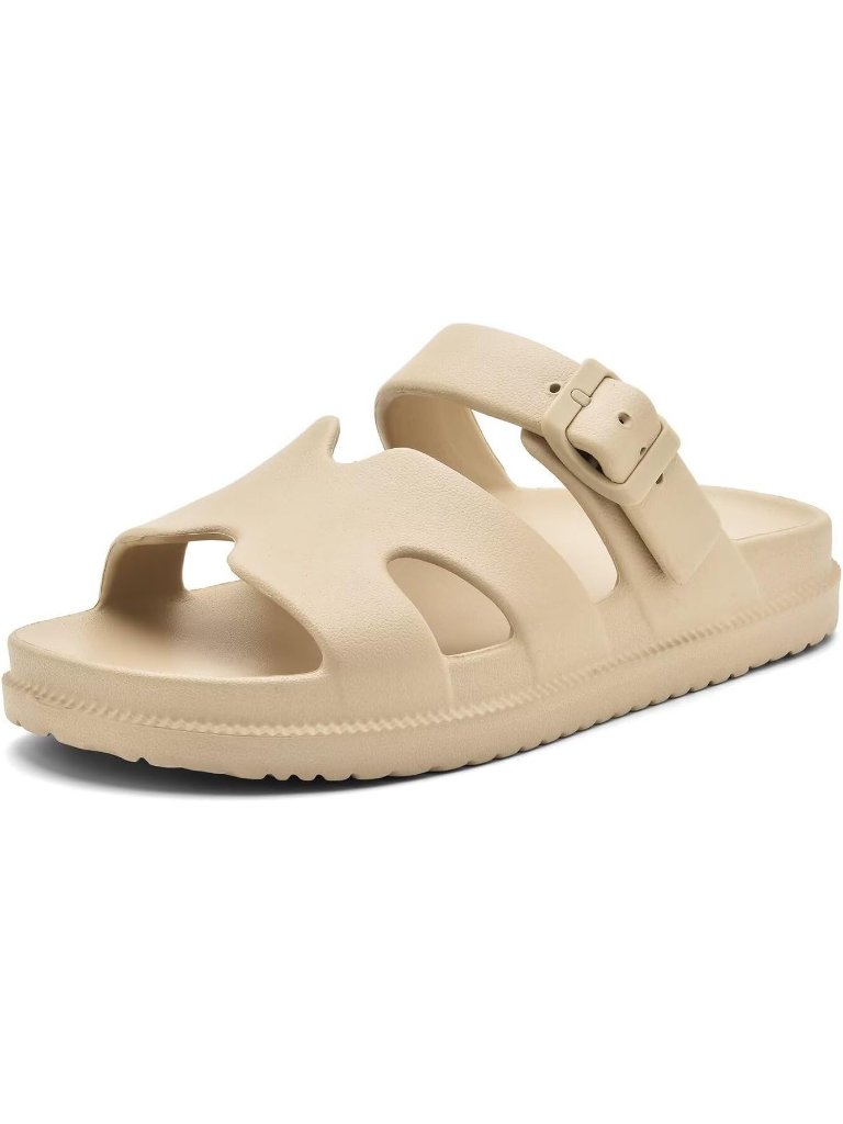 Women's Khaki Flat Sandal With Arch Support Summer Beach Slip On Slides H-Strap